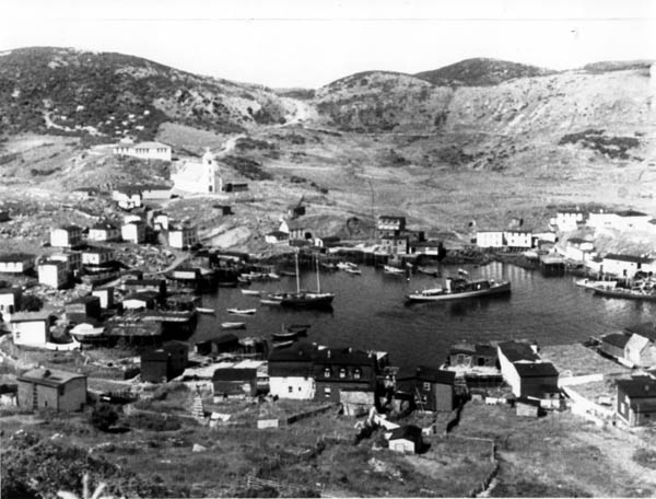 004: Panorama of Red Island harbour, looking North. Bernard Mulrooney's schooner at left, the Lady Anderson center. (circa 1950) [courtesy of Betty (Carroll) Spurvey]